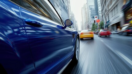Fototapeta premium Fast-moving cars on an asphalt city road in blurred motion capture the speed of rush hour traffic, with a blue luxury car in focus alongside signs addressing fuel consumption and pollution concerns