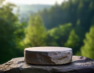 Obraz premium Natural green forest background with a minimalist stone pedestal, perfect for product display