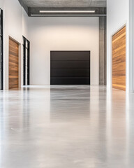 Obraz premium Modern hallway with sleek flooring and wooden doors in a contemporary building interior