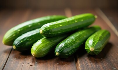 Fresh cucumbers stacked on a wooden surface, perfect for food, health, or agriculture-themed projects.