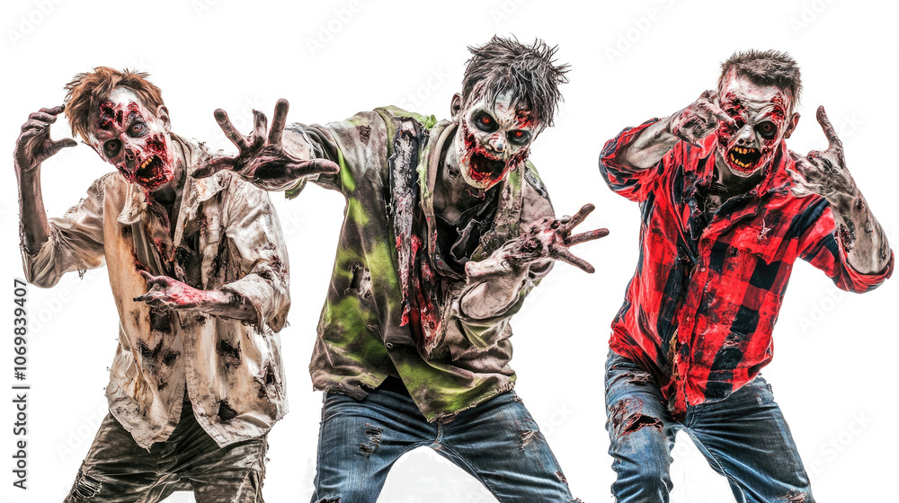 Poster zombies in tattered clothes on a transparent background generative ai