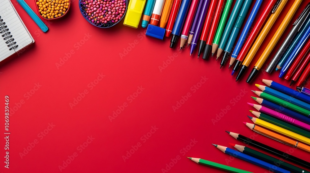 Poster student s workspace with notebook pens and educational supplies arranged neatly on a solid color bac