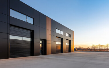 Obraz premium Modern industrial building with large roll-up doors at sunset in an urban setting