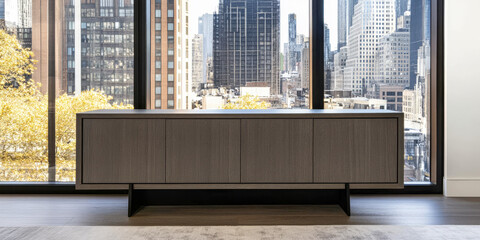 Modern wooden sideboard positioned in a stylish New York City apartment with urban skyline view