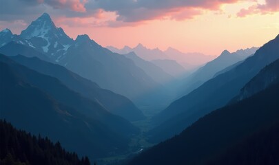 Fototapeta premium Breathtaking mountain landscape at sunset, showcasing dramatic peaks and valleys. Perfect for nature-themed projects, travel marketing, and outdoor adventure promotions.