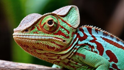 Chameleon close up eye portrait. Reptile animal nature photo exotic pet macro photo. Colorful scales Madagascar wildlife zoo photography.