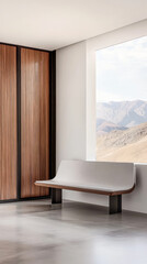 Fototapeta premium Minimalist interior with mountain view from modern architecture in a serene setting