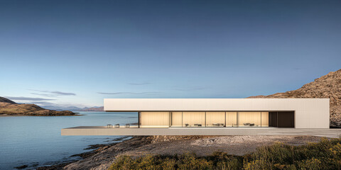 Fototapeta premium Modern minimalist house by the water during sunset near rocky landscape