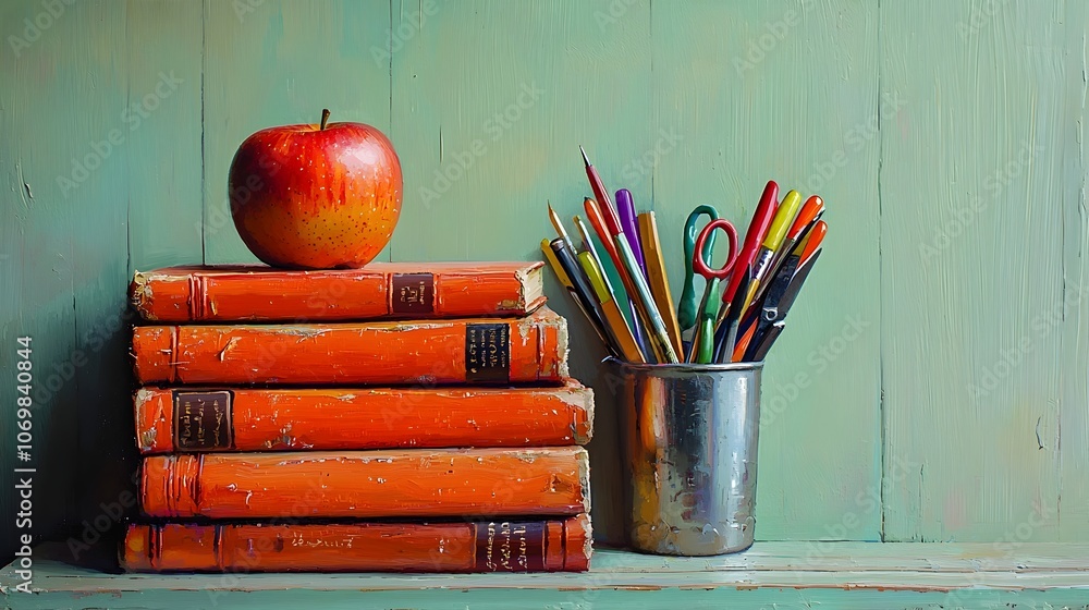 Poster stylized still life arrangement featuring a stack of vibrant orange books with a shiny red apple res