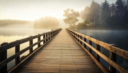 Wooden pier leading into misty lake at dawn, tranquil natural scenery.