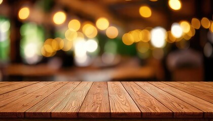 Wooden table with blurred background lights creating a cozy atmosphere.