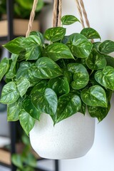 Green leaves of a pothos plant cascade down from a hanging pot, bringing life and freshness to a contemporary interior decor