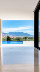 Modern interior with large windows showcasing distant mountains and a serene swimming pool view