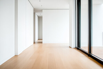 Obraz premium Spacious modern interior with wooden flooring and large windows in bright, minimalist design