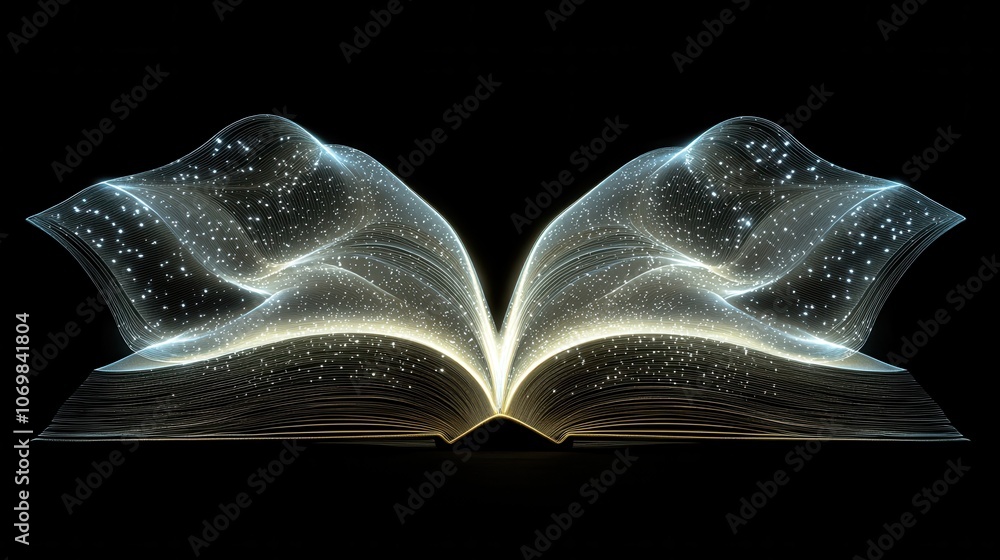 Poster open book emanates rays of light symbolizing enlightenment and knowledge in education