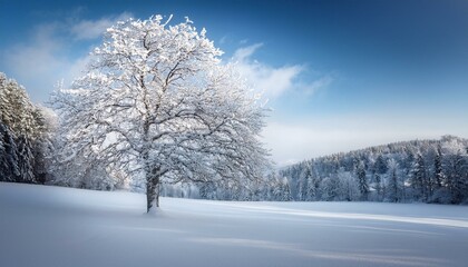Fototapeta premium Snow-covered tree in a serene outdoor winter landscape, capturing the calm beauty of nature in the cold season