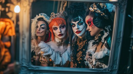 Gothic Fantasy Group in Elaborate Makeup and Costumes, Mirror Reflection of Theatrical Characters with Dramatic Face Paint, Dark Victorian Aesthetic for Cosplay or Themed Performance Art