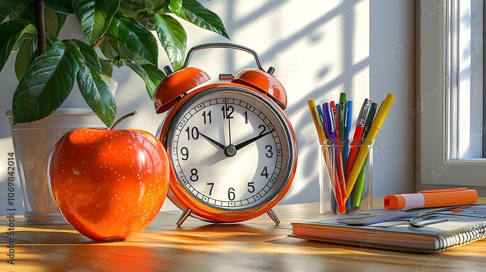 Poster vibrant 3d depicting a fun educational desk setup with an orange alarm clock red apple scissors and 