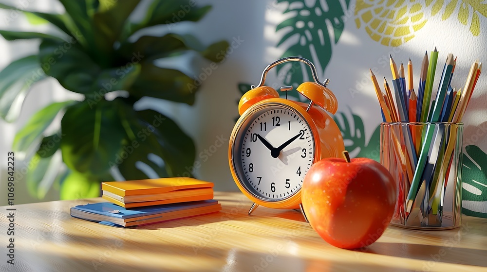 Poster vibrant 3d rendering depicting an orange alarm clock sitting next to a red apple and an assortment o