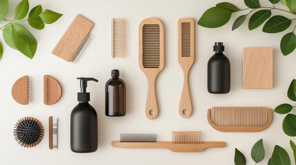 A zero-waste salon setup with wooden combs, metal spray bottles, and minimal plastic, client receiving eco-friendly treatment