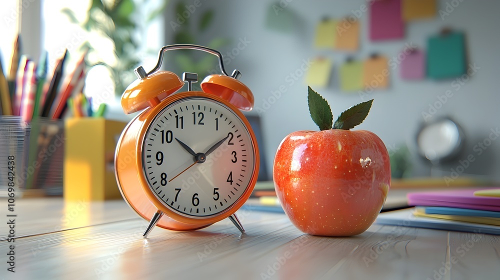 Poster vibrant 3d rendering of an orange alarm clock positioned next to a shiny red apple and various schoo