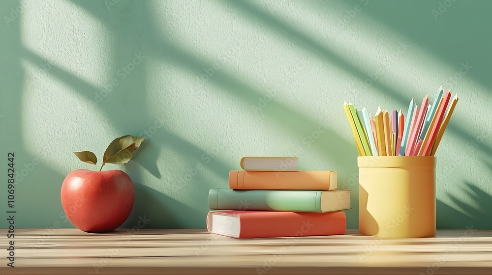 Poster vibrant 3d rendering of a stack of colorful books on a wooden table accompanied by a bright red appl