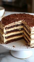 A scrumptious bento cake with alternating layers of chocolate and creamy filling, beautifully presented on a white pedestal in a charming cafe ambiance