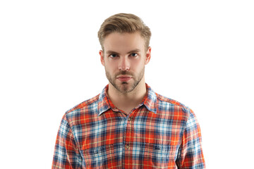 Portrait of serious man in casual style shirt. Stylish portrait of unshaven guy. Handsome young...