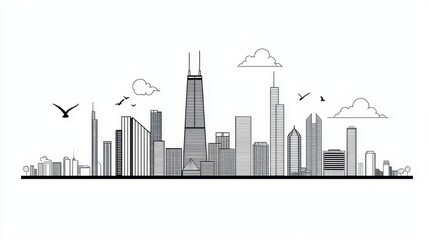 Artistic outline of Chicago skyline, capturing its recognizable buildings in a simple black-and-white style