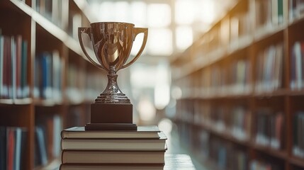 Trophy symbolizing achievement and knowledge on a stack of books a celebration of education and growth