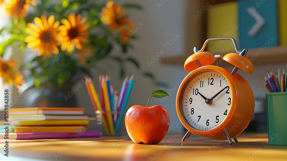 Aufkleber vibrant 3d rendering of an orange alarm clock with a red apple and various school supplies like penc