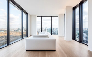 Modern living room with panoramic city views in a high-rise building during daylight