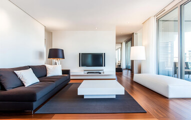 Modern living room design featuring a sleek couch and minimalist decor in bright daylight