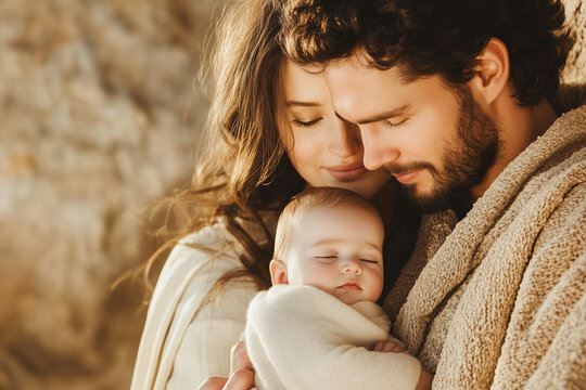 ender Holy Family Scene with Newborn Baby Wrapped in Cloth, Mother and Father Sharing a Loving Gaze