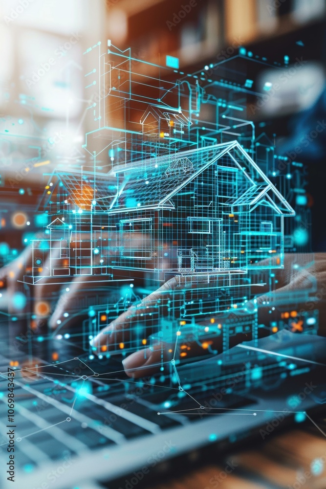 Poster a 3d model of a house is projected above a laptop keyboard, representing the use of technology in ho