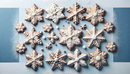 Snowflake-shaped cookies dusted with powdered sugar on blue background