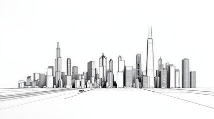 Clean, linear outline of the Chicago skyline featuring major landmarks in a minimalist design style