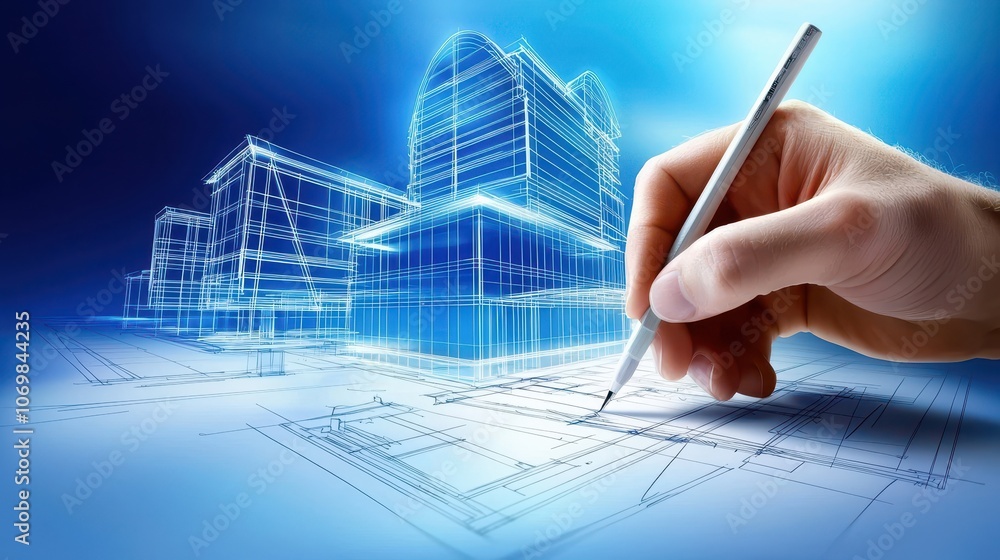 Poster close-up of architect hand drawing precise building details on a blueprint