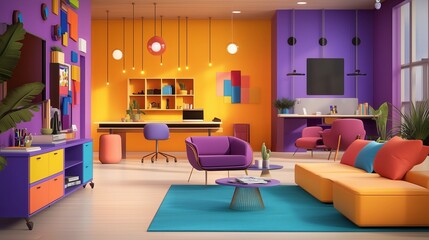 Vibrant and Modern Office Space with Colorful Interior Design, Perfect for Creative Workspaces, Collaborative Areas, Youthful Office Environments, and Inspiring Work Studios