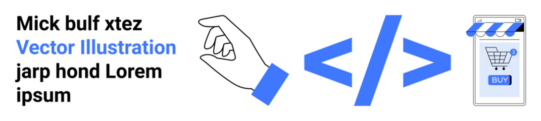 Hand pointing at a blue coding symbol leading to a shopping cart icon. Ideal for web development, e-commerce, coding tutorials, online shopping, programming courses, digital business, tech