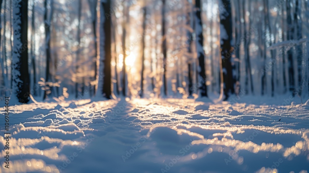 Poster sunlight shines through the trees in a snowy forest. ai.
