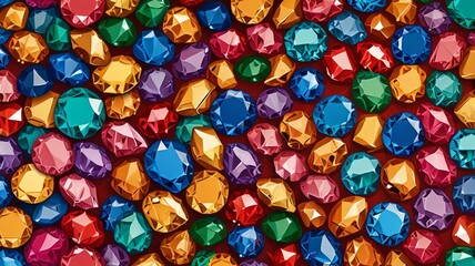A vibrant array of multi-colored gemstones and crystals of various shapes and sizes reflecting light against a dark background. Design for a card, cover, poster, wallpaper, packaging.