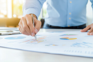 Businessman in Dress Shirt Presenting Performance Benchmarking Results on Whiteboard with Graphs and Diagrams in Blurred Office Background