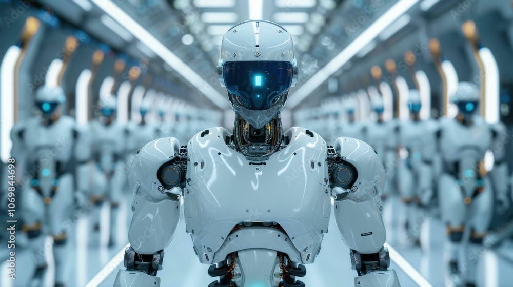 Poster a line of robots stand in a futuristic factory. ai.