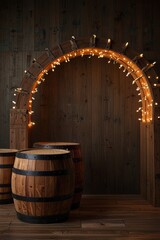 A rustic wooden arch decorated with twinkling lights sits next to three beer kegs, creating a warm and cozy atmosphere against the dark wood paneling.