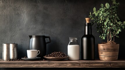 Coffee beans with milk and black coffee bottles, creating a cozy and stylish coffee setup