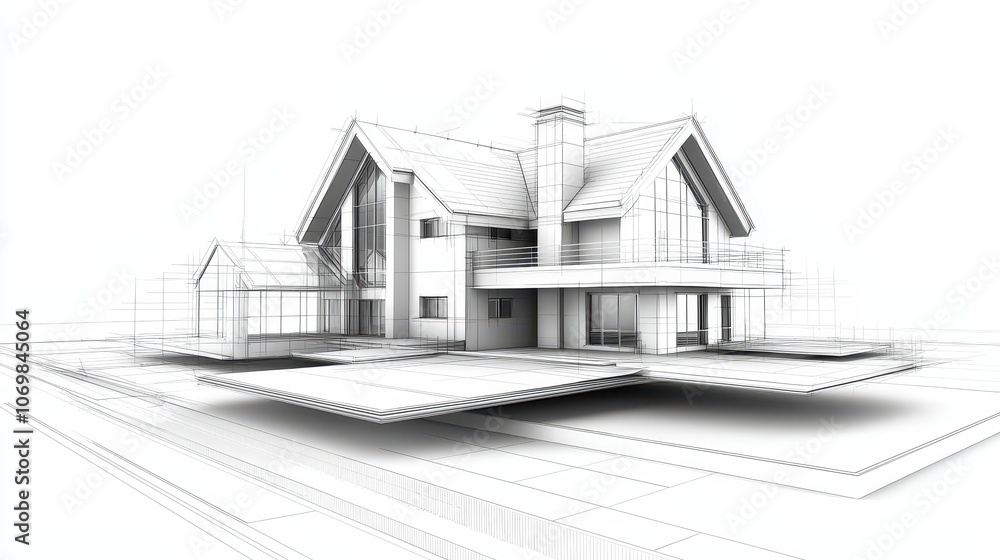 Poster detailed architectural drawing with blueprint lines and grid marks, ready for building planning