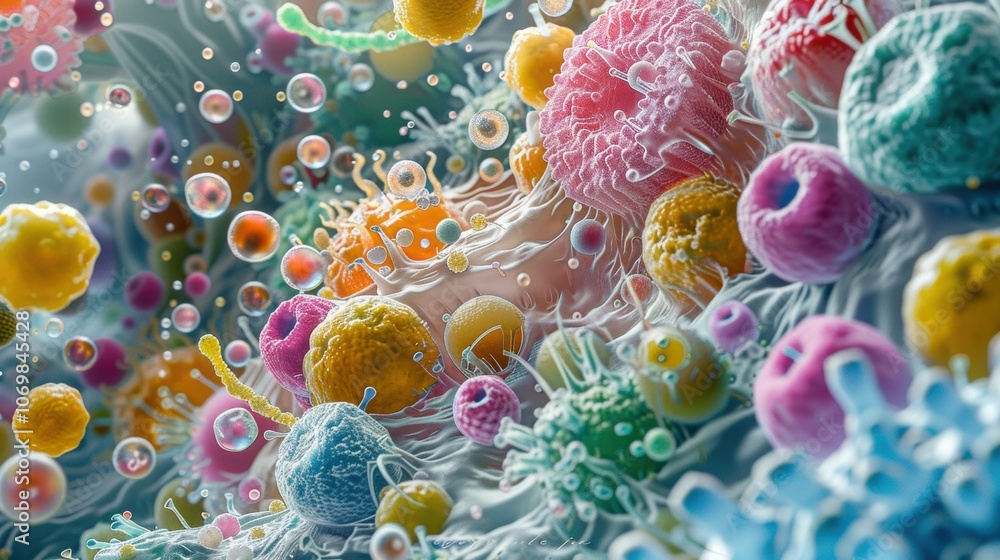 Poster a colorful abstract representation of cells and microorganisms. ai.