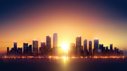 Naklejka premium Dramatic city skyline at twilight, buildings sharply silhouetted against a darkening sky, lights coming alive.