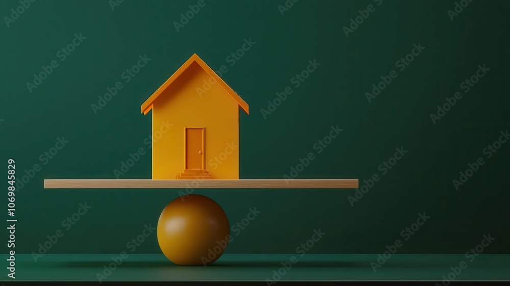 Poster artistic view of a house on a balance scale with interest rate on one side and risk level on the oth